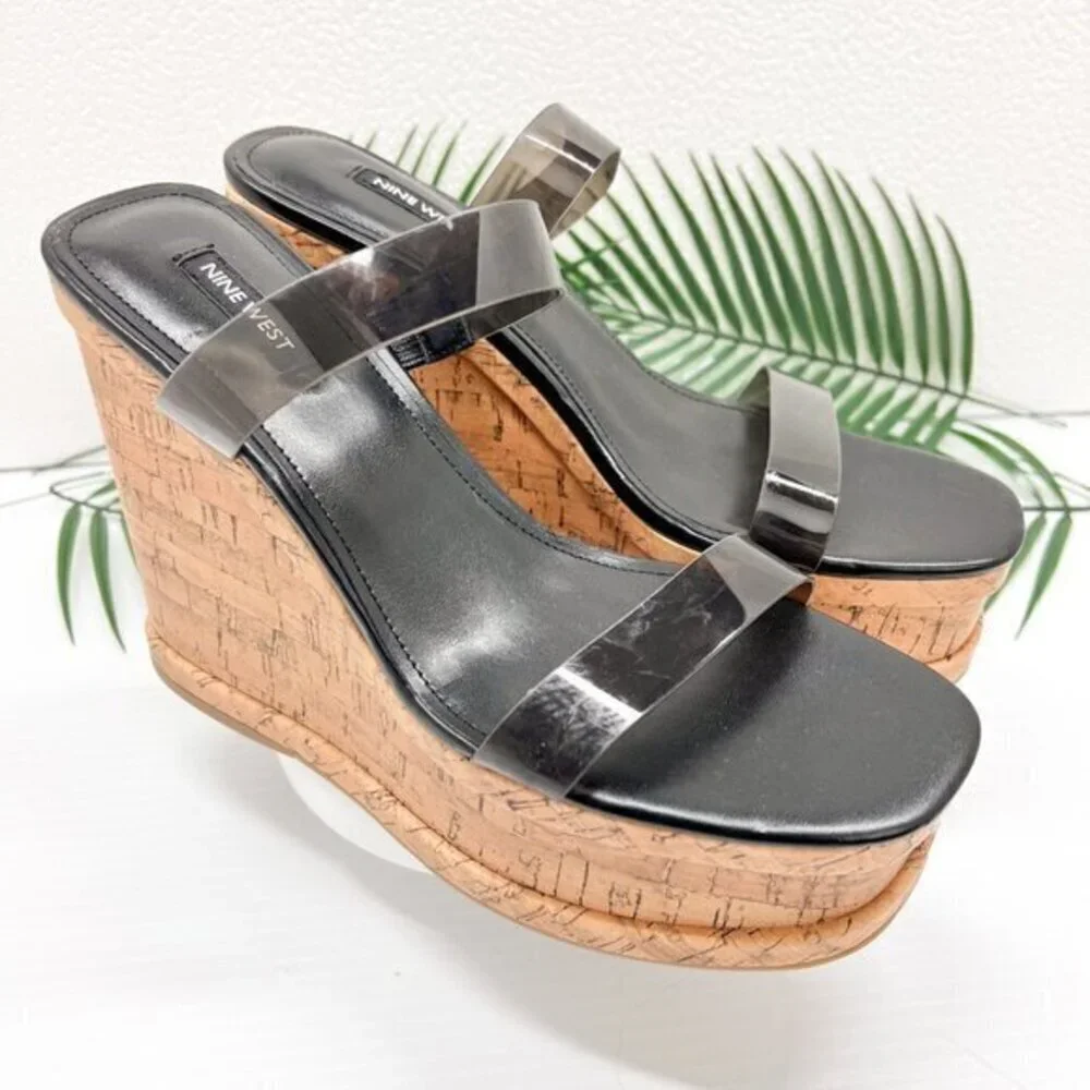 Nine West Rapps Platform Wedge Sandals Size 9.5 Black Tan Square Open Toe